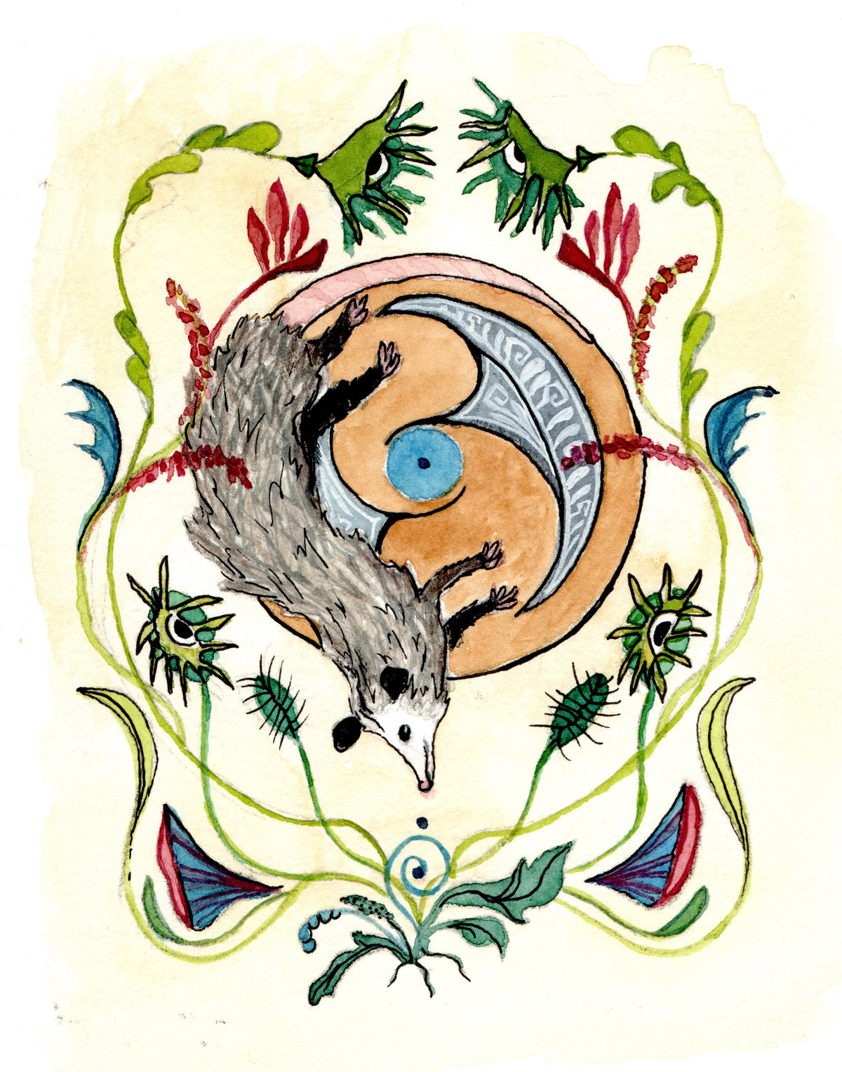 A whimsical watercolor-style illustration featuring a small gray animal with black and white markings, surrounded by green vines, red flowers, blue leaves, and a circular tan and gray motif on a cream background.